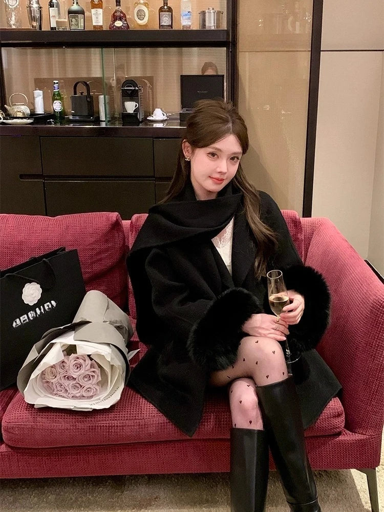 Elegant Wool Coat Warm Women Double Faced Luxury Real Fox Fur Sleeves 100 Wool Scarf Autumn Winter 2025 New Fashion Trench Coat