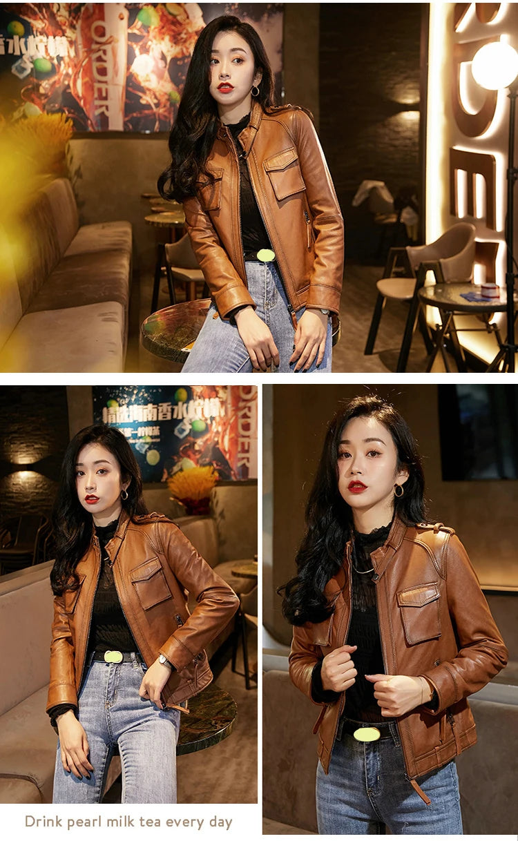 Autumn Clothes Women Genuine Sheepskin Short Locomotive Jaqueta Feminina Stand Collar Slim Vintage Versatile Brown Leather Coat