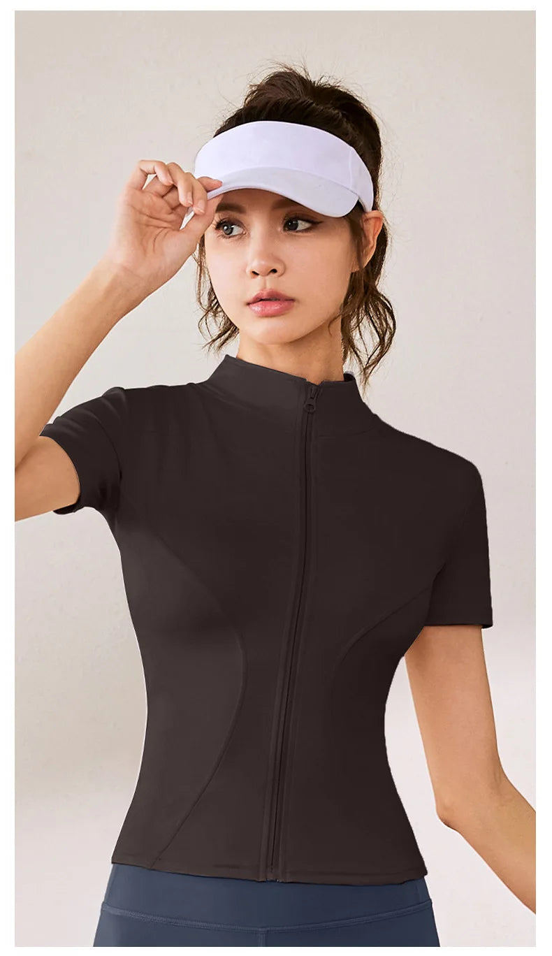 Summer High Quality Waist Slimming Training Tops Women's Quick-drying Tight Stand Collar Full Zipper Short Sleeves Yoga shirts
