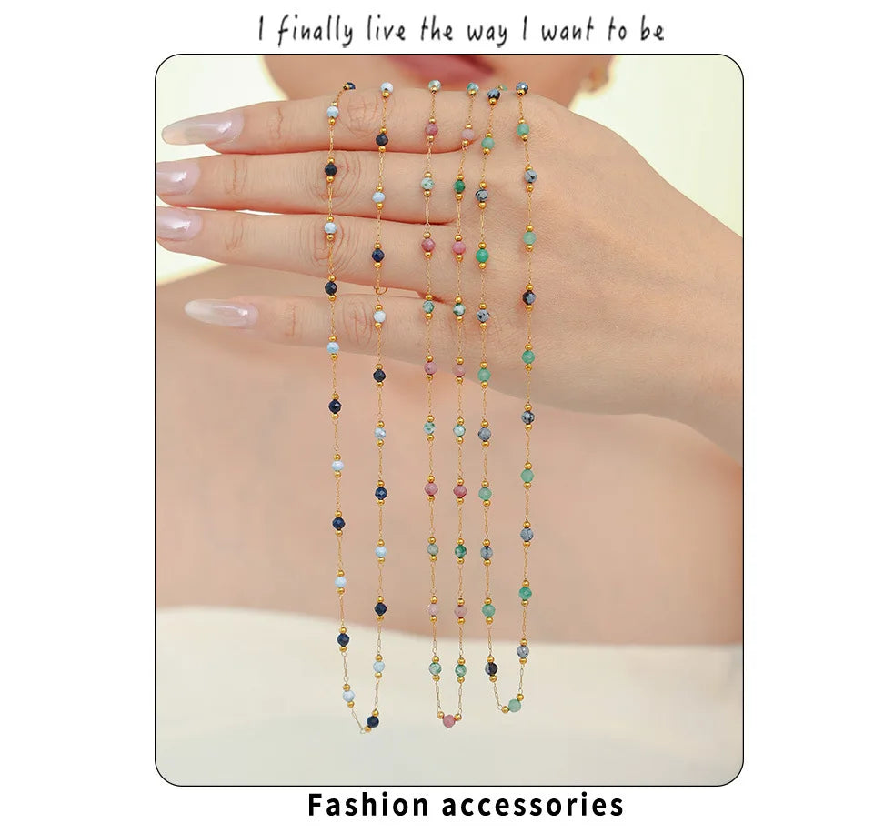 Women's Necklace Natural Stone Handmade Bead Double-layer Layered Collarbone Chain Stainless Steel Jewelry