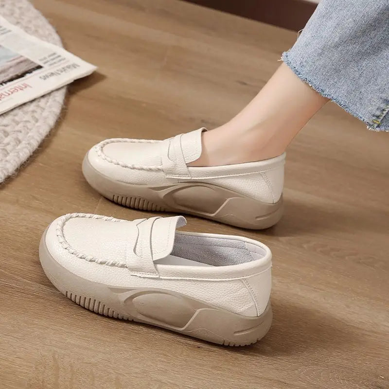 Woman Footwear Low Leather High on Platform Shoes for Women Loafers White Casual Daily Routine Autumn Offer Korean Fashion 2025