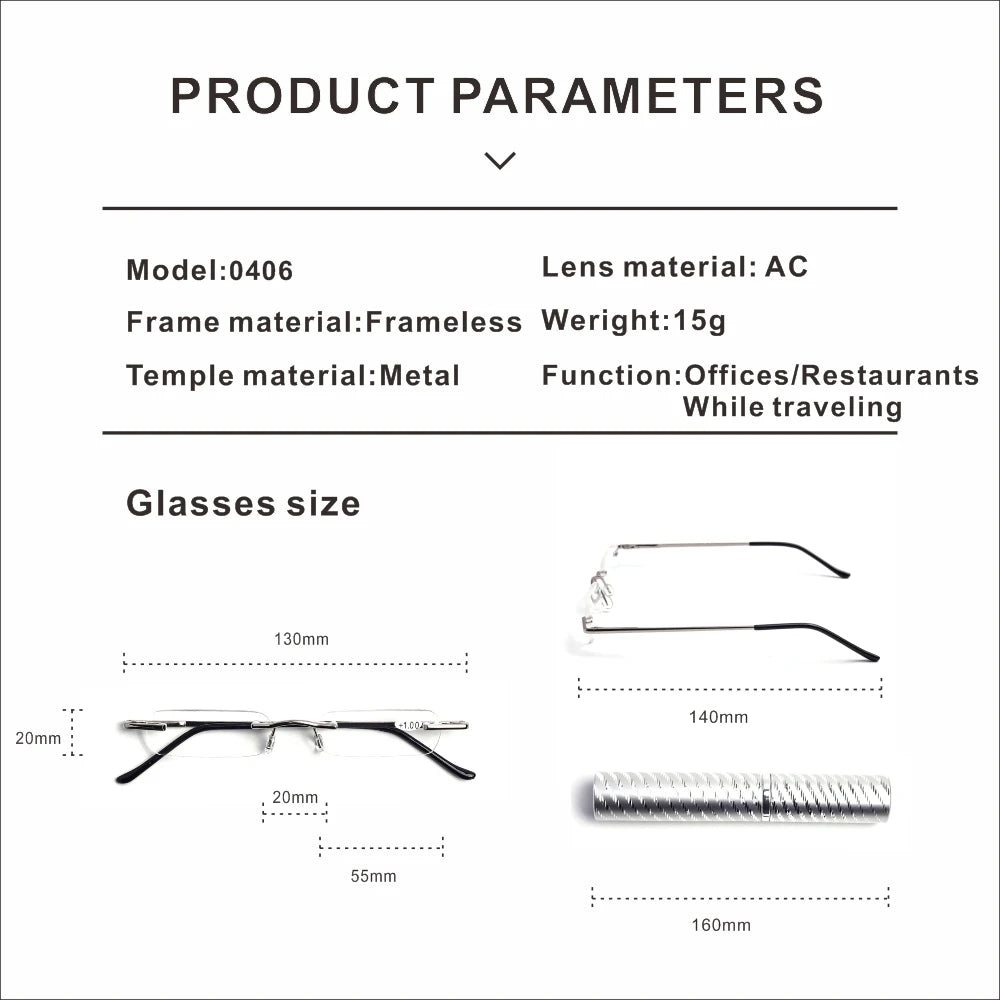Premium Frameless Reading Glasses for Travel Spiral Metallic Tube Case Spring Hinges Lightweight for Men & Women