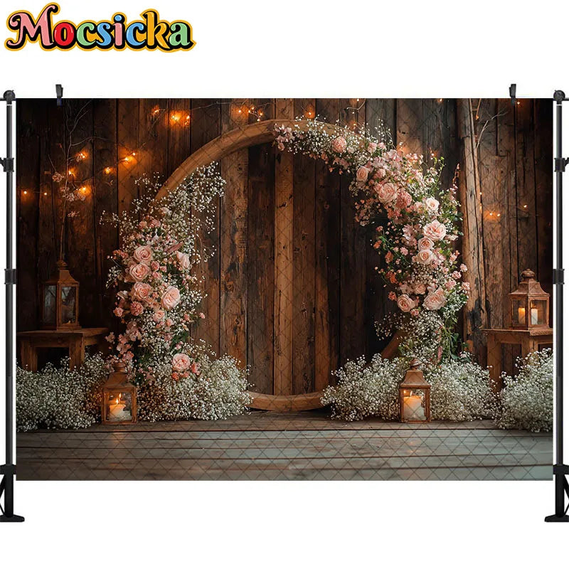 Wedding Theme Photography Background Round Wreath Wooden Wall Decoration Couple Wedding Scene Supplies Backdrop Studio Props