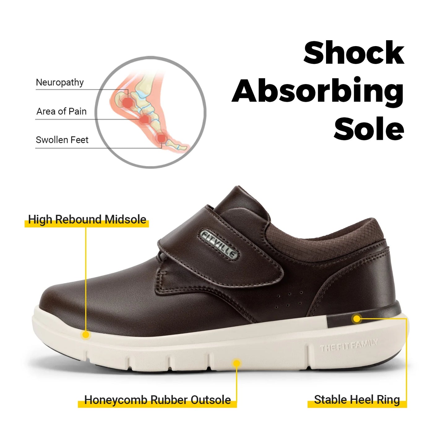 FitVille Men's Leather Shoes Diabetic Shoes Extra Wide Slip On Shoes for Orthopedic Toes Swollen Feet Non-Slip Lightweight