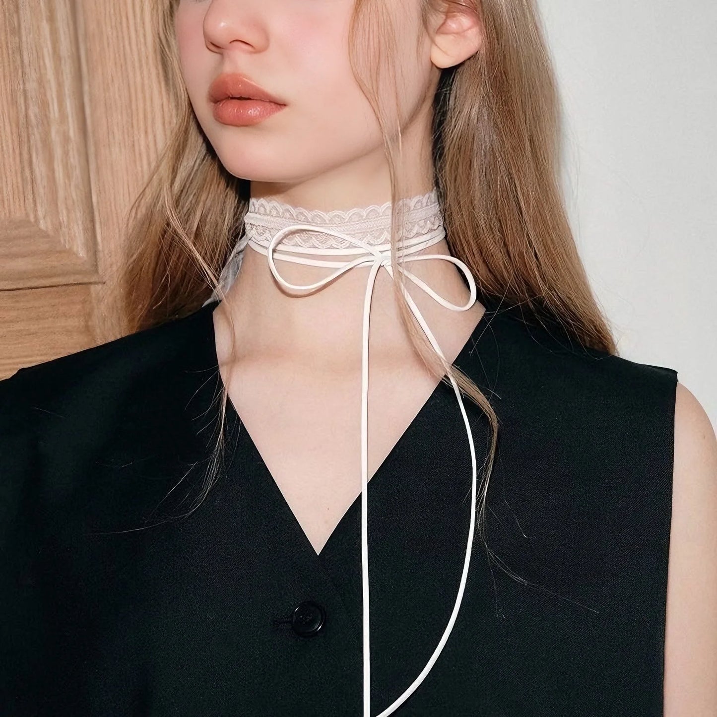 Black White Lace Necklace Versatile Long Ribbon Layered Clavicle Chain Choker for Woman Girls Wear Neck y2k Decoration Jewelry
