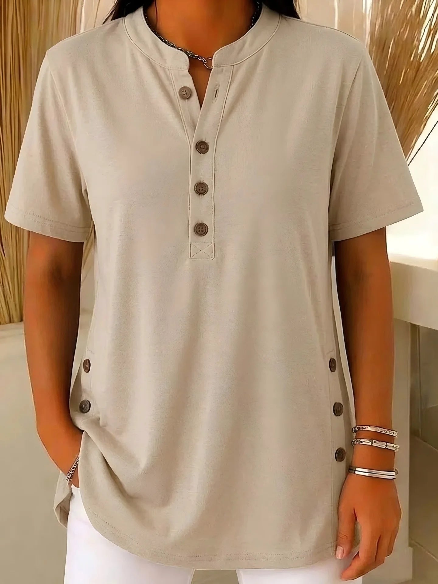 Summer Short Sleeve Loose Tops For Women Summer 2026 Fashion Solid Color V-neck Button T-shirts Tees Casual