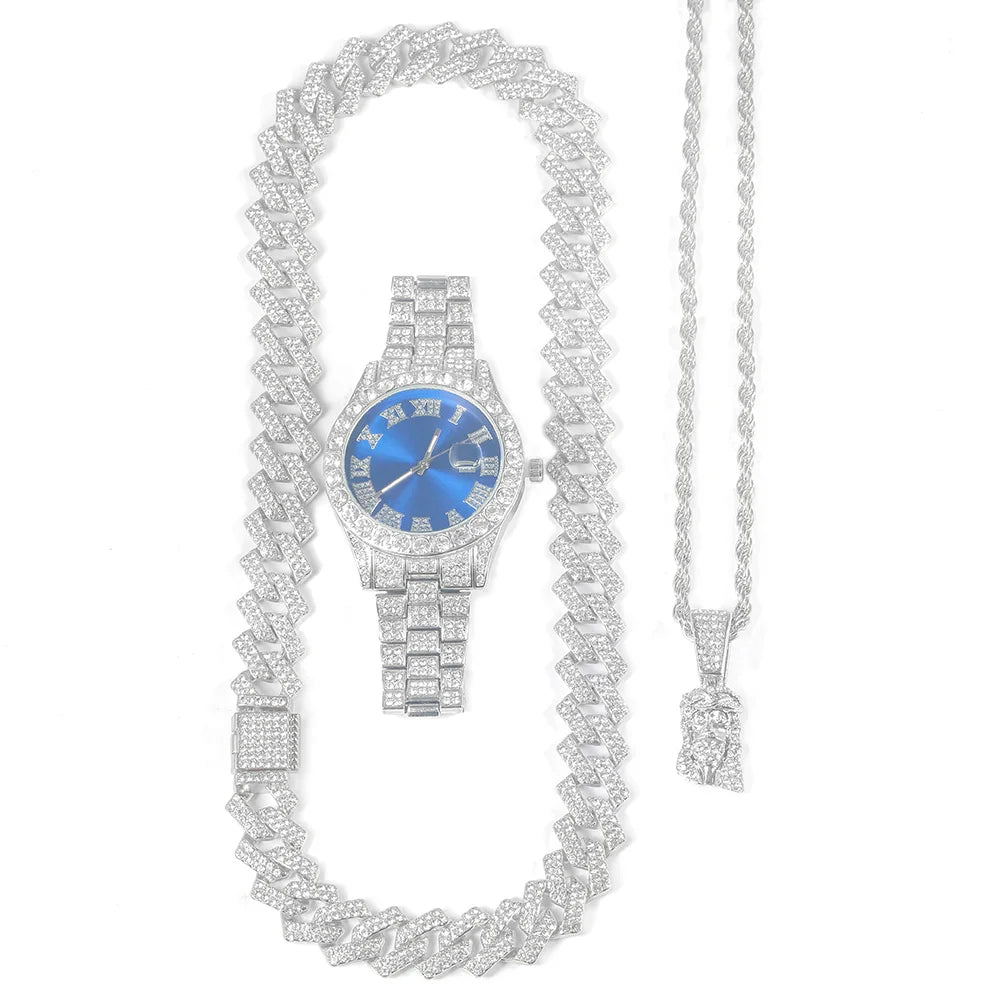 Men's Hip-hop Watch Jewelry Set Iced Out Punk Diamond Watch+Cuban Chain+Jesus Pendant Necklace Stylish Trend Men Women Gift Set