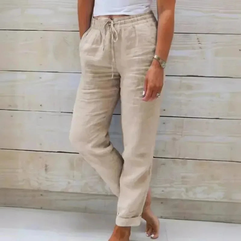 Cotton Linen Pants For Women Fashion Streetwear Elegant Summer Casual Solid Color Trousers High Waist Elastic Straight Pants