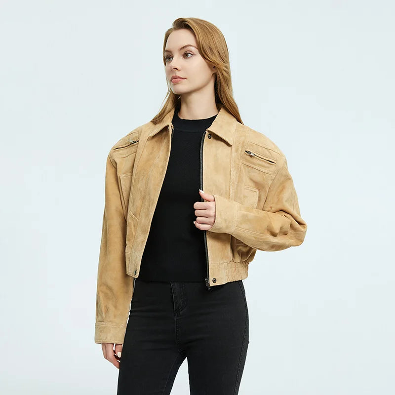 2025A Lady's Fashion Real Suede Jacket Genuine Goatskin Suede Bomber Jacket Oversize Leather Coat Women's Suit