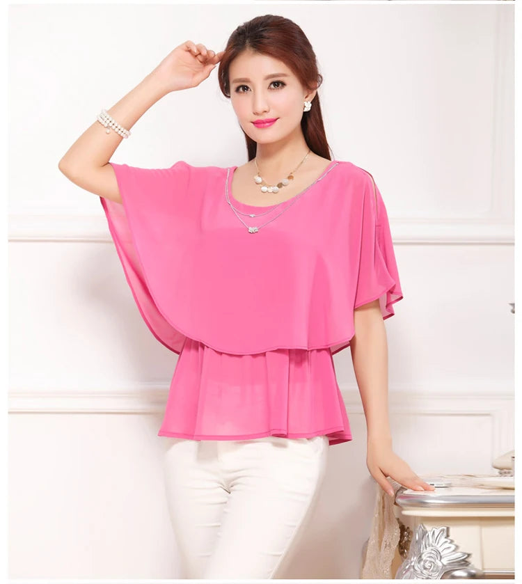 2025 Women Summer Tops Blouse Fashion Elegant Ruffle Batwing Sleeves Chiffon Shirt Loose Casual Clothing blusas mujer de moda