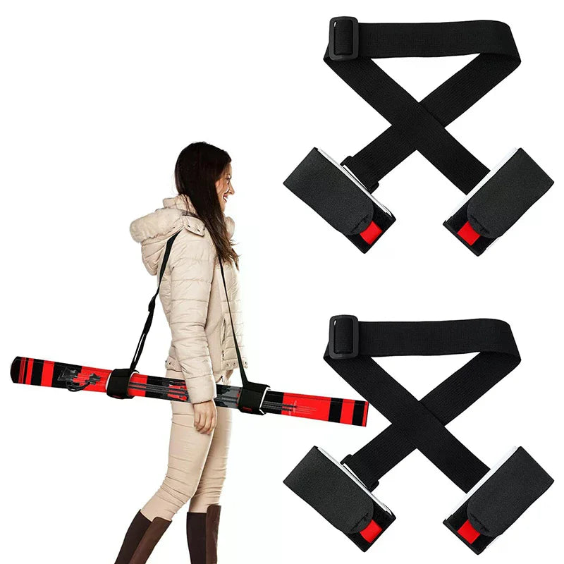 Ski Pole Shoulder Carrier with Hand Lash, Adjustable Buck Hook Straps, Durable Nylon Loop, Comfortable Black Ski Handle Strap