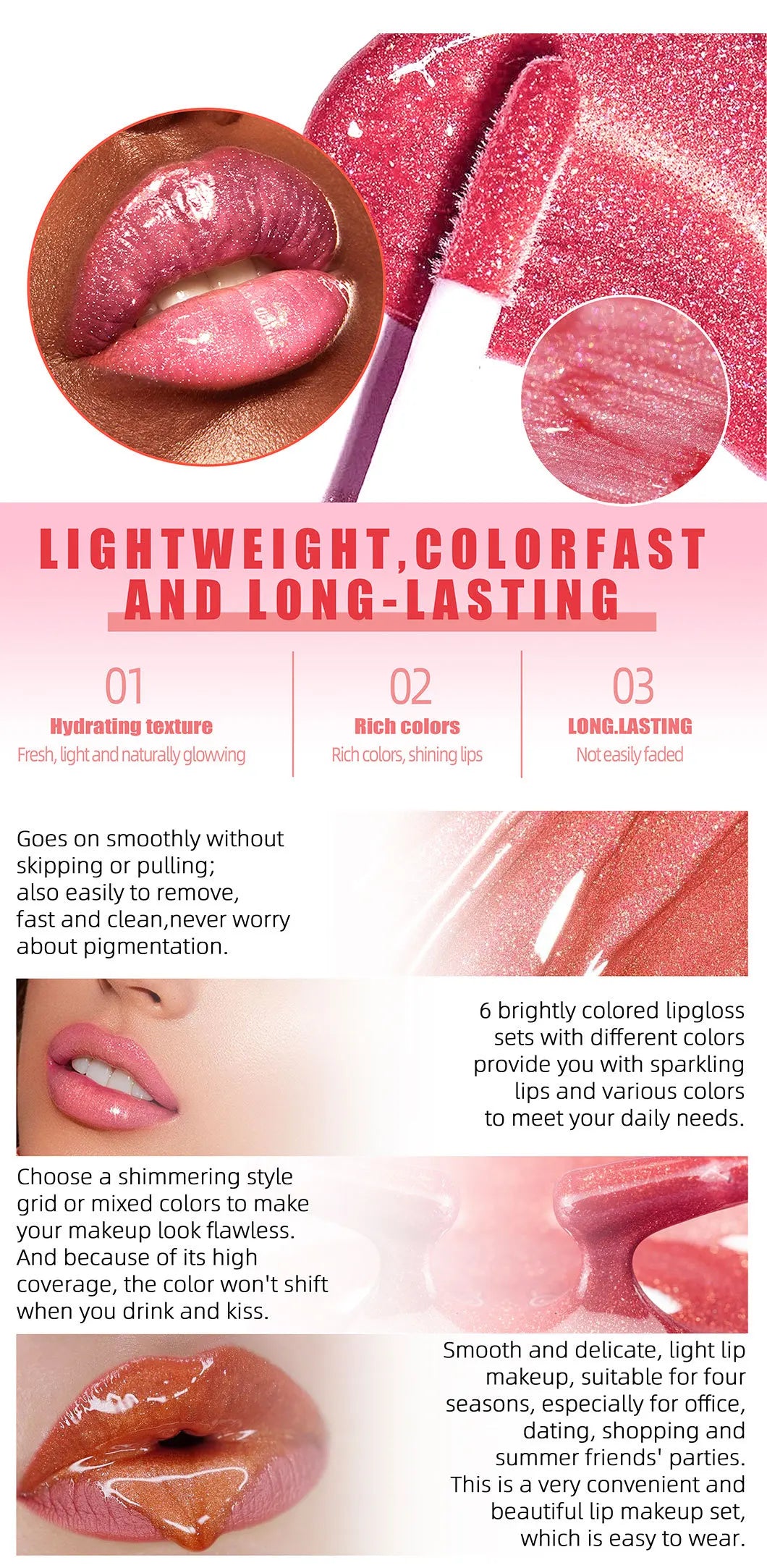 6pc Moisturizing Pearl Lip Glaze Set Watery Hydration Lip Gloss Transfer Resistant Long Lasting Vivid Color Liquid Lipstick