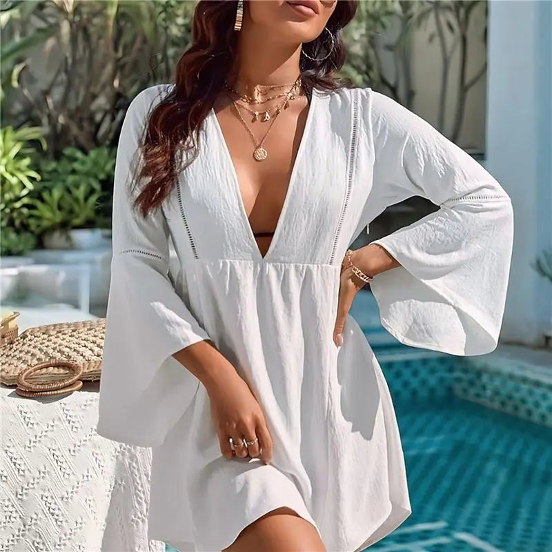 ABHT-Womens Swimsuit Coverup V Neck Chiffon Bathing Suit Beach Dress Flowy Swim Bikini Cover Up