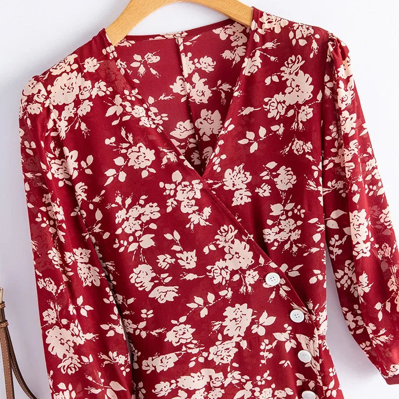 Silk Dress Summer New 2025 Women French Temperament V-neck Five-point Sleeve Printed Mulberry Silk Tea Break Dress