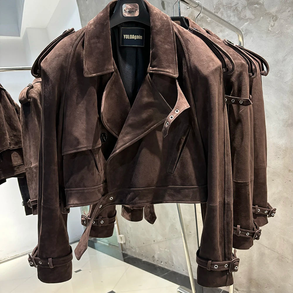 YOLOAgain Wide Shoulder Real Leather Jacket Women Oversized Genuine Leather Cropped Jacket