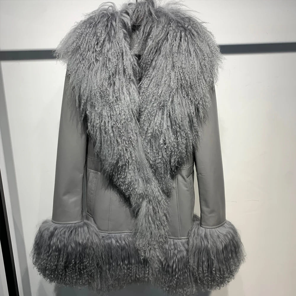 Sheep Collar Coats Women Winter Luxury Mongolian Fur Leather Jackets with Long Sleeve 7251