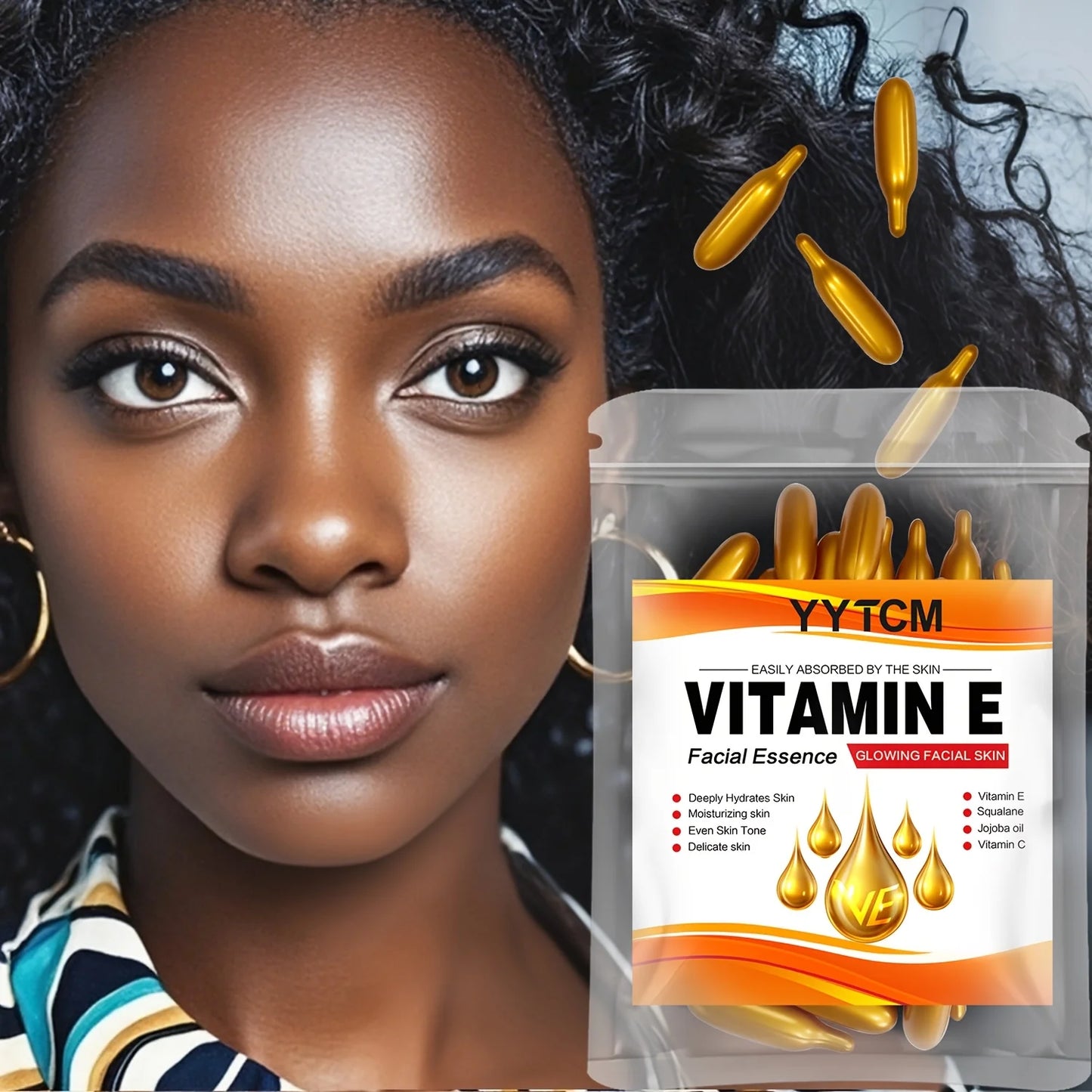 Vitamin E Deep Moisturizing Capsule Essence, Hydrates and Smoothes the Skin, Contains Plant Squalane, Vitamin C, Deep Hydrating and Brightening Skin Essence (0.4g X 30 Capsules)/Bag-1 Bag