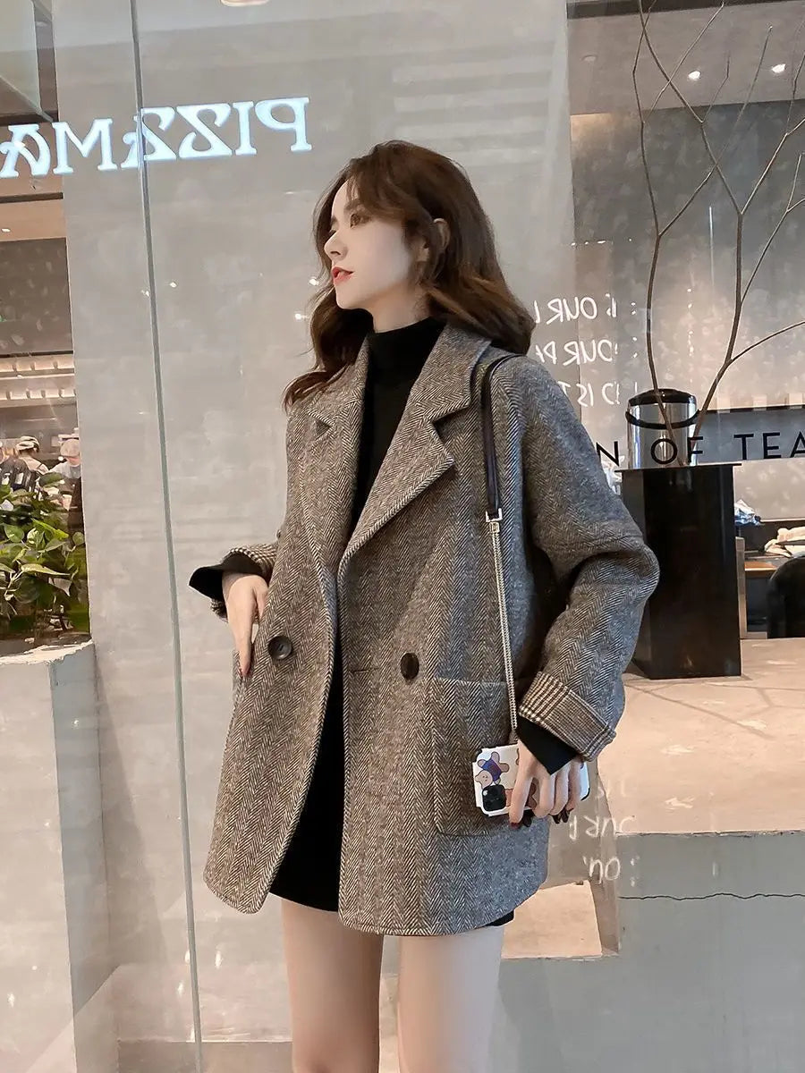 Woolen Suit Jacket for Women Autumn Winter Korean Loose Casual Blazers Thick warm Pocket Turndown Collar Women's Coat