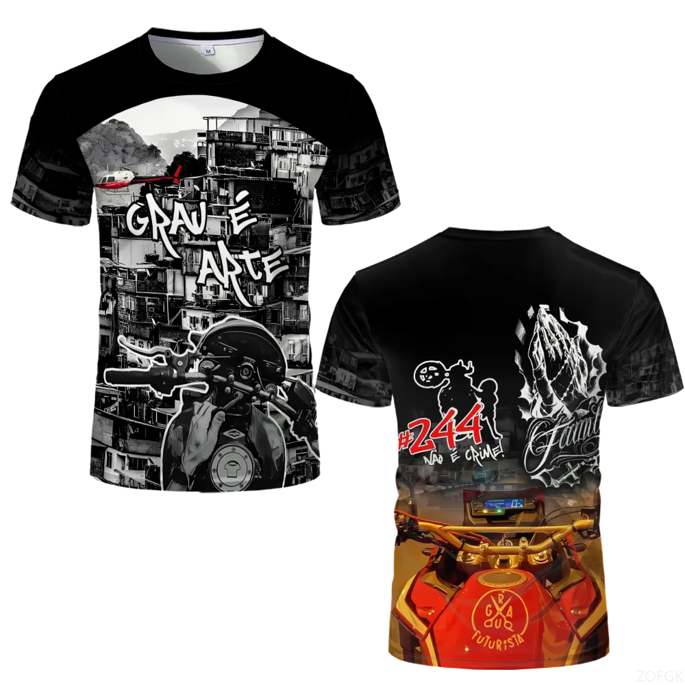 Summer Street Hip-hop Trendy Printed Tops Quebrada Grau 244 De Favela Moto T-shirts Men's Oversized Breathable Short Sleeves