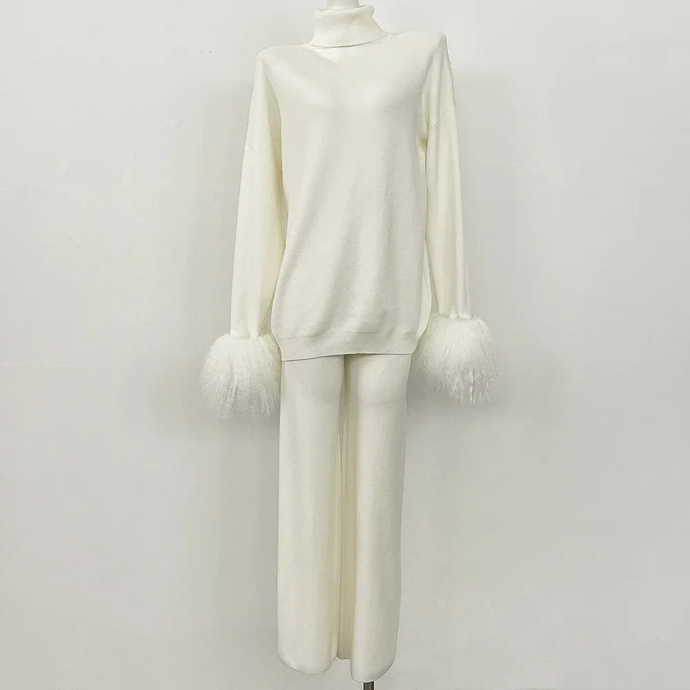 Knitwear Woman Wool & Blend Knitted Pullover and Pants Real Mongolian Sheep Fur Cuffs Sweater Set Real Fur Knitted Suit 2026 New