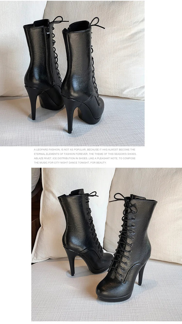 Elegant Boots and Ankle Boots for Women 12.5CM Black Matte Female High Heel Stripper Heels Round Toe Short Boots Footwear