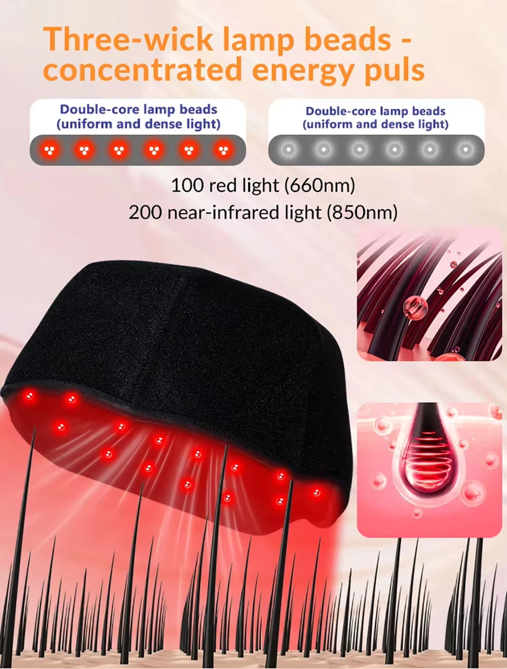 300Pcs Beams hair growth cap 650nm 850nm Red light Near Infrared 100pcs LED Light Hat Anti Hair Loss Relax scalp Massager Device
