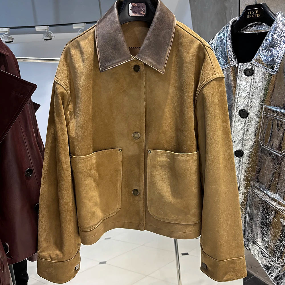 YOLOAgain Women's Real Leather Jacket Single Breasted Oversized Suede Sheepskin Coat Outerwear