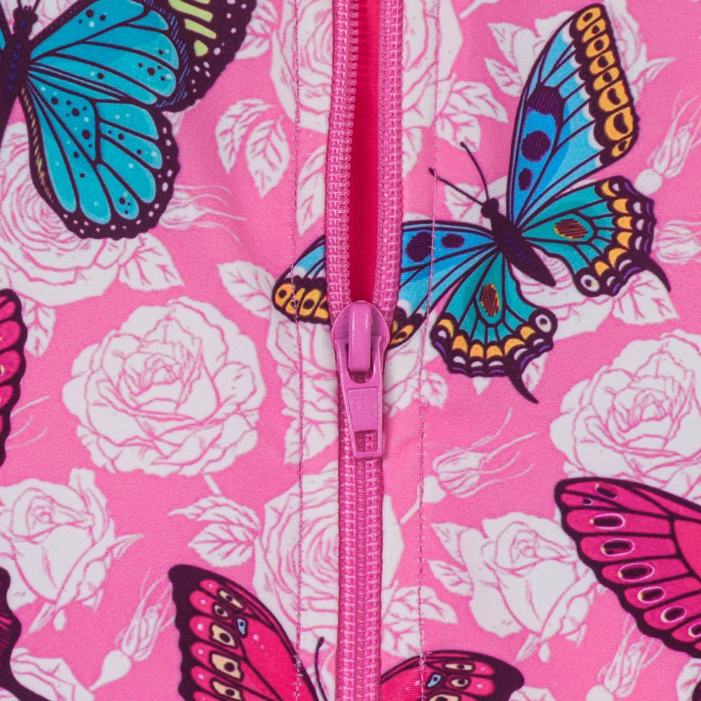 Long Sleeve Bathing Suits for Girls One-Piece Swimsuit Butterfly Print Zipper Ruffled Swimwear Swim Shirts for Surfing