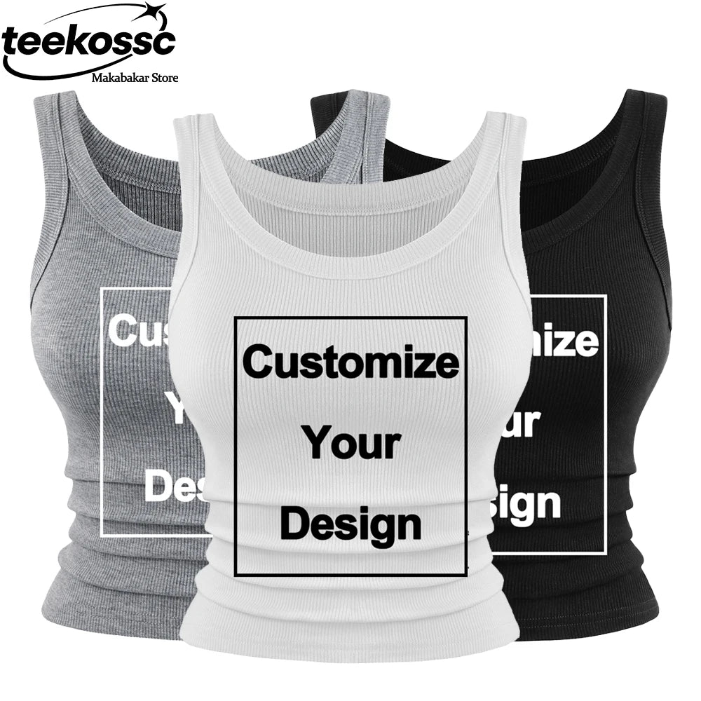Custom Summer Womens Tank Tops DIY Logo/Letter Sleeveless Tight Ribbed Black Knit Vest Straps Casual Sporty Basic Clothing