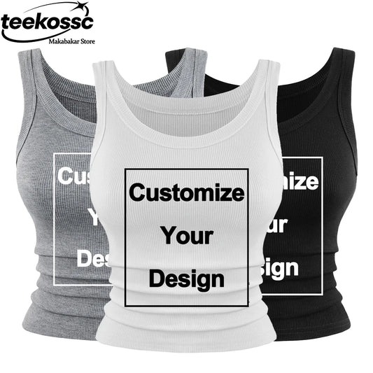 Custom Summer Womens Tank Tops DIY Logo/Letter Sleeveless Tight Ribbed Black Knit Vest Straps Casual Sporty Basic Clothing