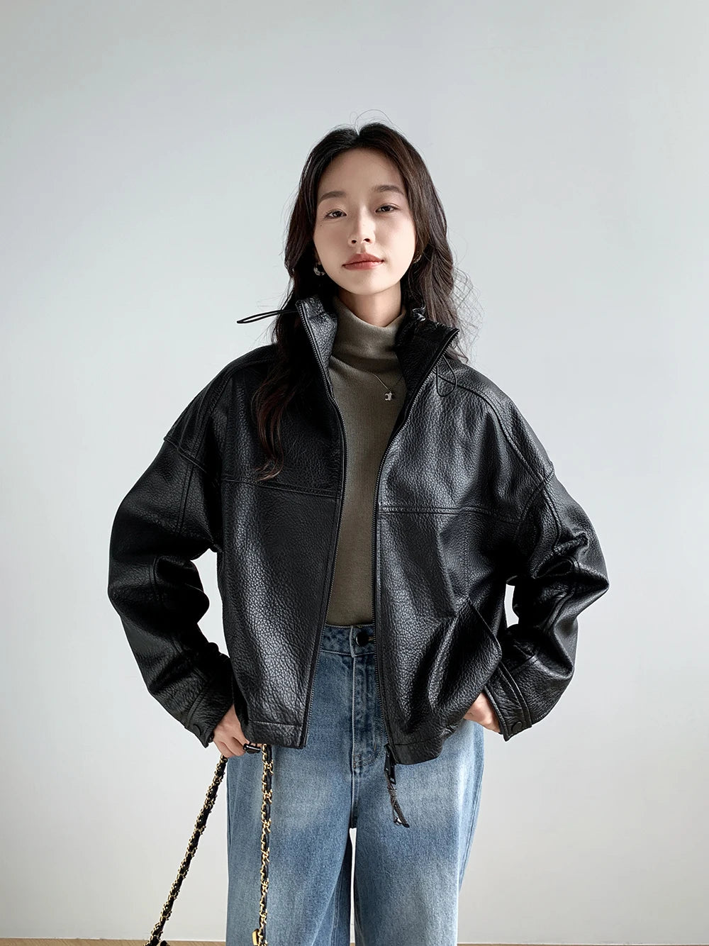 Vintage Genuine Leather Cropped Jackets for Women Spring Autumn 2025 New High-end Simple Stand Collar Bubble Real Sheepskin Coat