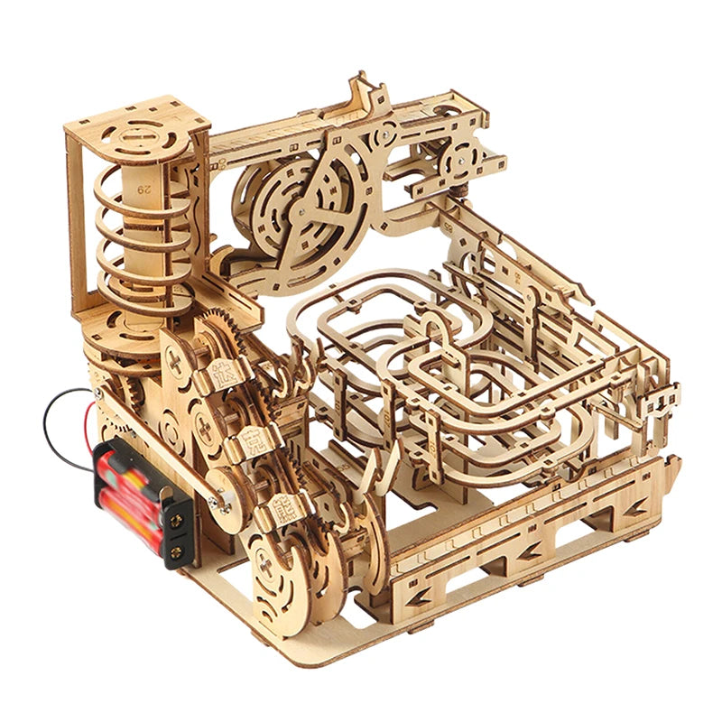 1Set Marble Run Kit 3D Wooden Spiral Plank Road Puzzles Electric Catapult Track Device Mechanical Model Assembly Gift For Kids