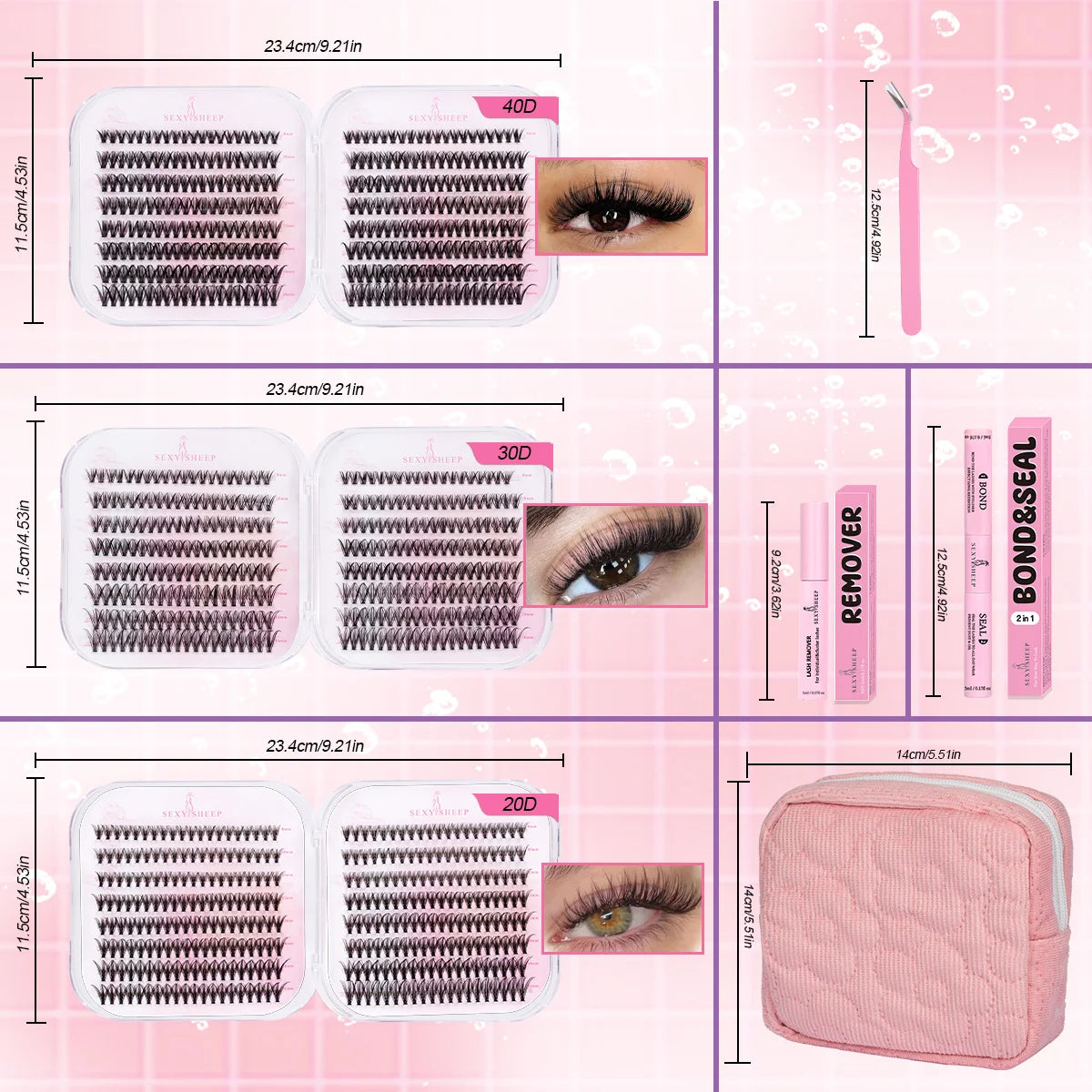 Lash Clusters 20D 30D 40D Lashes Extension with Bond&Seal Remover Soft Wispy DIY Individual Lash Kit Festival Gift Portable