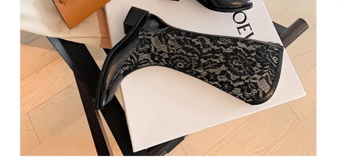 Woman Fashion Lace Flower Boots Thick Heel Pointed Toe Mid-calf Boots Female Footwear Summer Size 41 Breathable Botas De Mujer