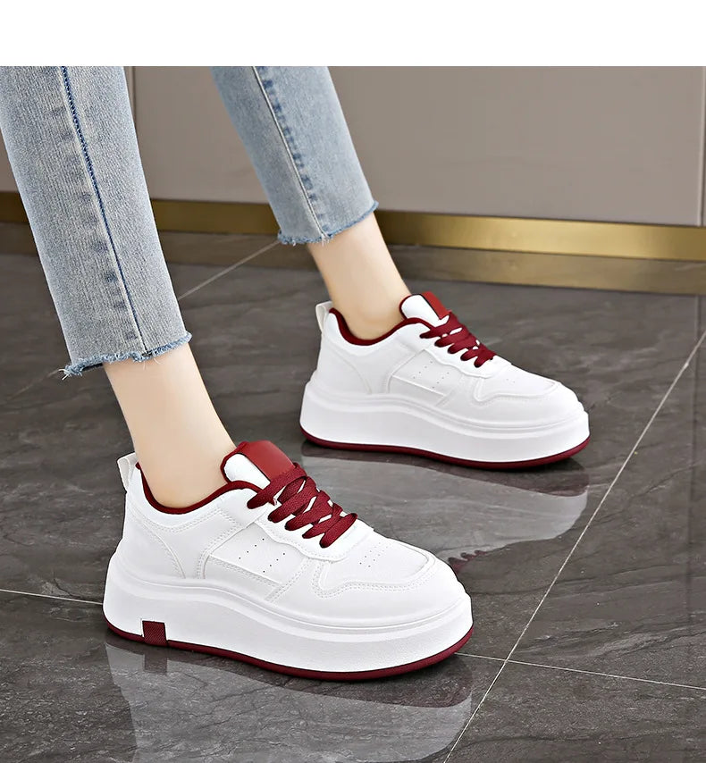 Women's Casual Sports Shoes Thick Bottom Low Tops Lace Up Vulcanised Shoes Lightweight Rubber Soled Winter Season Adult Footwear