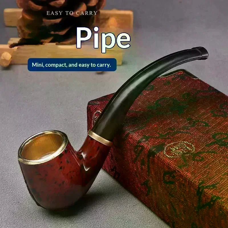 Imitation Wood Pipe Men's Classic Resin Pipe Old-Fashioned Dry Pipe Portable Copper Pot Bent Durable Mini Cigarette Pipe