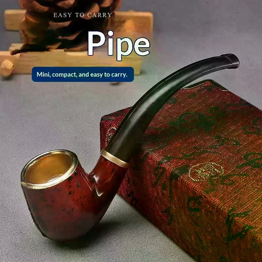 Imitation Wood Pipe Men's Classic Resin Pipe Old-Fashioned Dry Pipe Portable Copper Pot Bent Durable Mini Cigarette Pipe