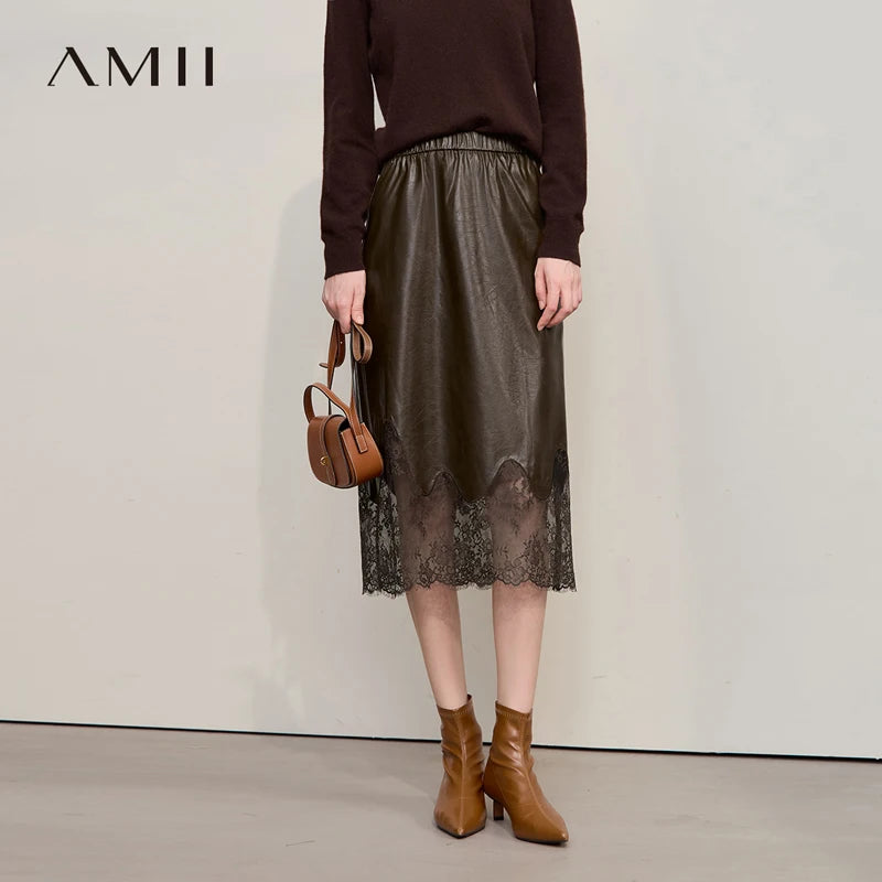 AMII Women's Skirt 2025 Autumn New Minimalist Versatile Clothing Ladies Leather Splicing Lace Solid A-line Midi Skirt 12543095
