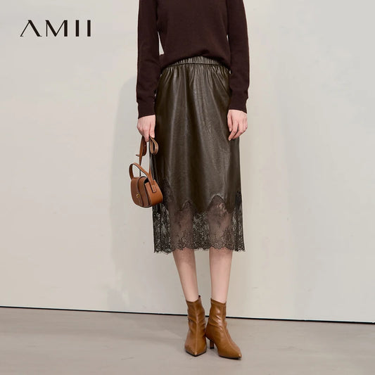 AMII Women's Skirt 2025 Autumn New Minimalist Versatile Clothing Ladies Leather Splicing Lace Solid A-line Midi Skirt 12543095