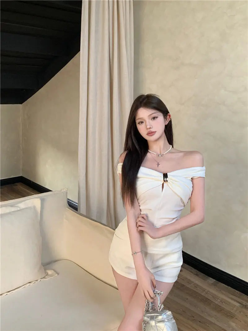 Summer Solid Color Sexy Off Shoulder Tops Lace Up Sleeveless T-Shirt Casual Slim  Top Black Short Sleeve Wome
