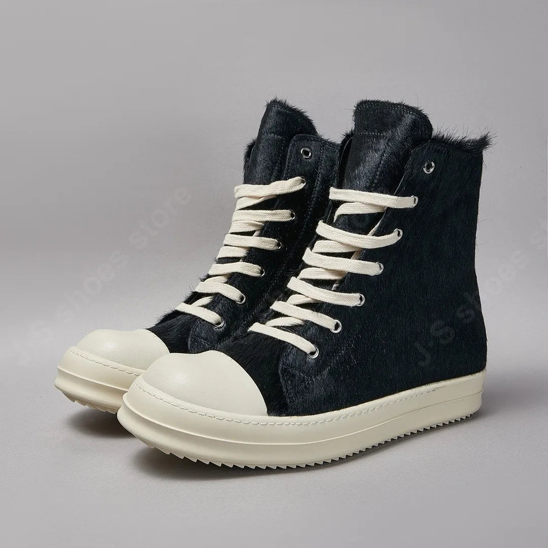 R-o Classic Men Shoe Black Horse Hair Boots Women Shoes High Top Sneaker Black Horsehair Ankle Boot Zipper Outside Sneakers