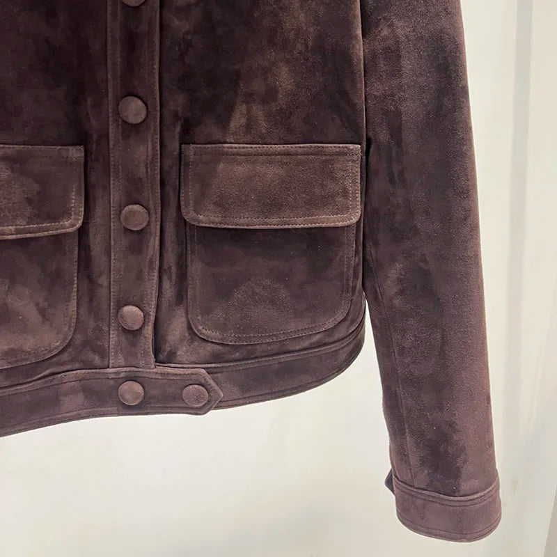 Winter Woman Clothing Old Money Style Retro Chocolate Brown Kid Suede Genuine Leather Jacket Streetwear Collar Slim Short Coat