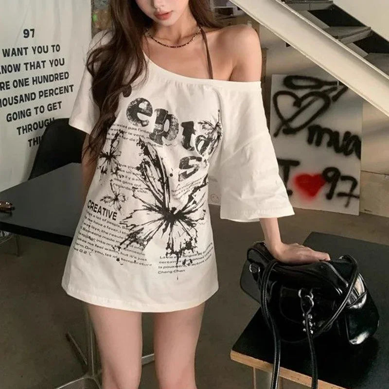 Summer Lady T-shirts Chic Streetwear T-shirts Female Baggy Casual Daily Tops Women Letter Printed Off Shoulder Clothes