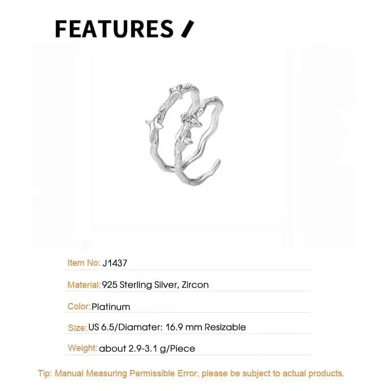 F.I.N.S New Original Simple S925 Sterling Silver Star Ring Women's Double Layer Irregular Adjustable Finger Fine Jewerlry Gifts