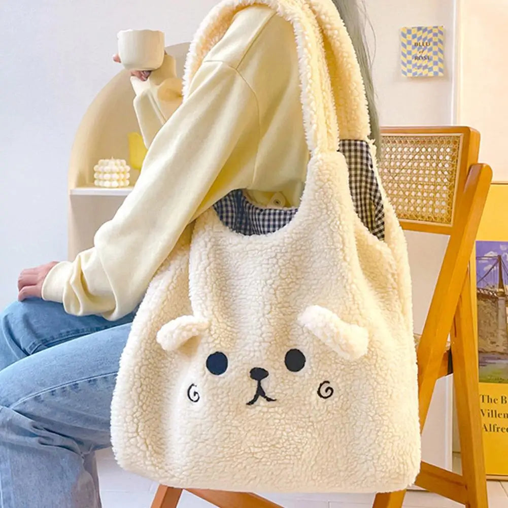 School Bag Cartoon Embroidery New Winter Soft Plush Tote Bag Shopper Bag Shoulder Bag For Women Cute N8Y7