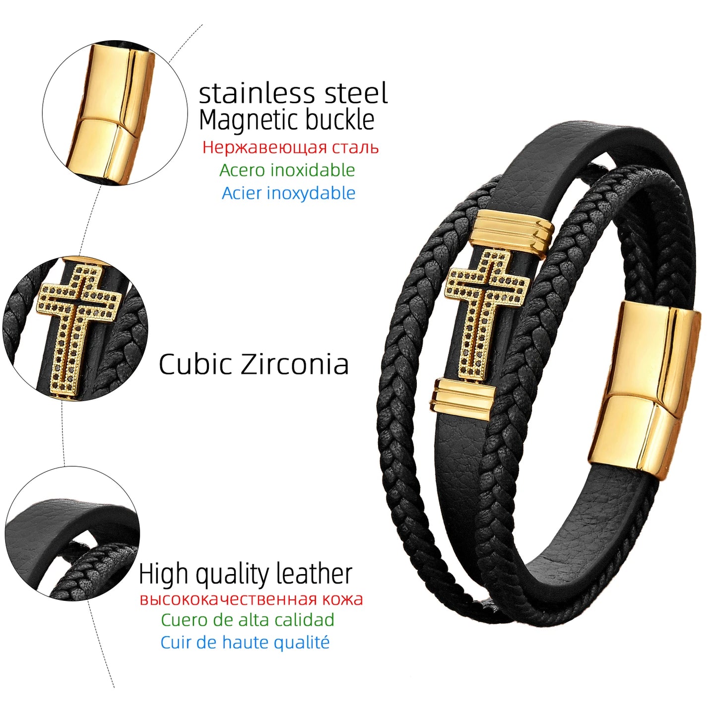 Mens Bracelet Fashion Hand-made Leather Personality Religion Jewelry Brass Microinlay Cubic Zirconia Bangles for Women Gifts