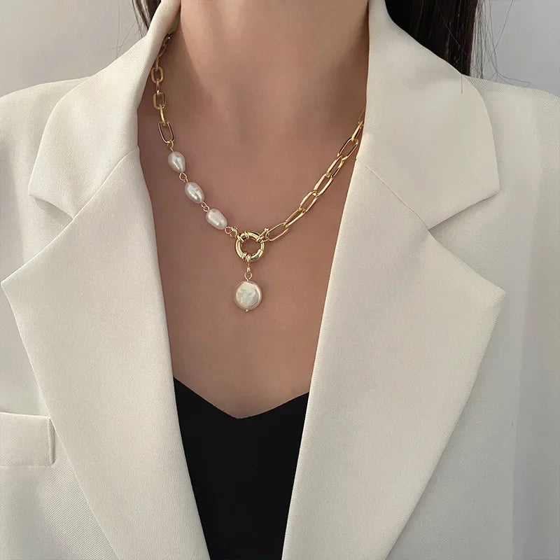 Trendy Elegant Baroque Pearl necklace for Women Charm Stainless Steel Beaded Chain Pendants Wedding Bridal Jewelry Party Gift