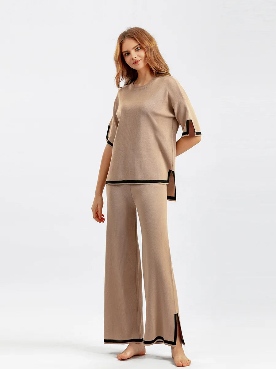 Pants Set Women Two Piece Sets Short Sleeve Spring Knit Tops Loose Casual Wide Leg Long Pants High Waist Y2k Streetwear Spring