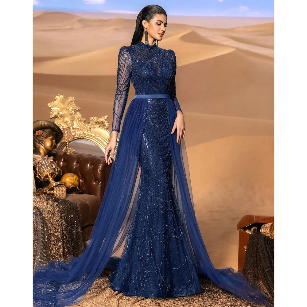 Elegant Wedding Evening  Dress for Women 2026 Muslim Long Sleeves Mermaid Detachable Train Sequined Prom Party Gown Customized