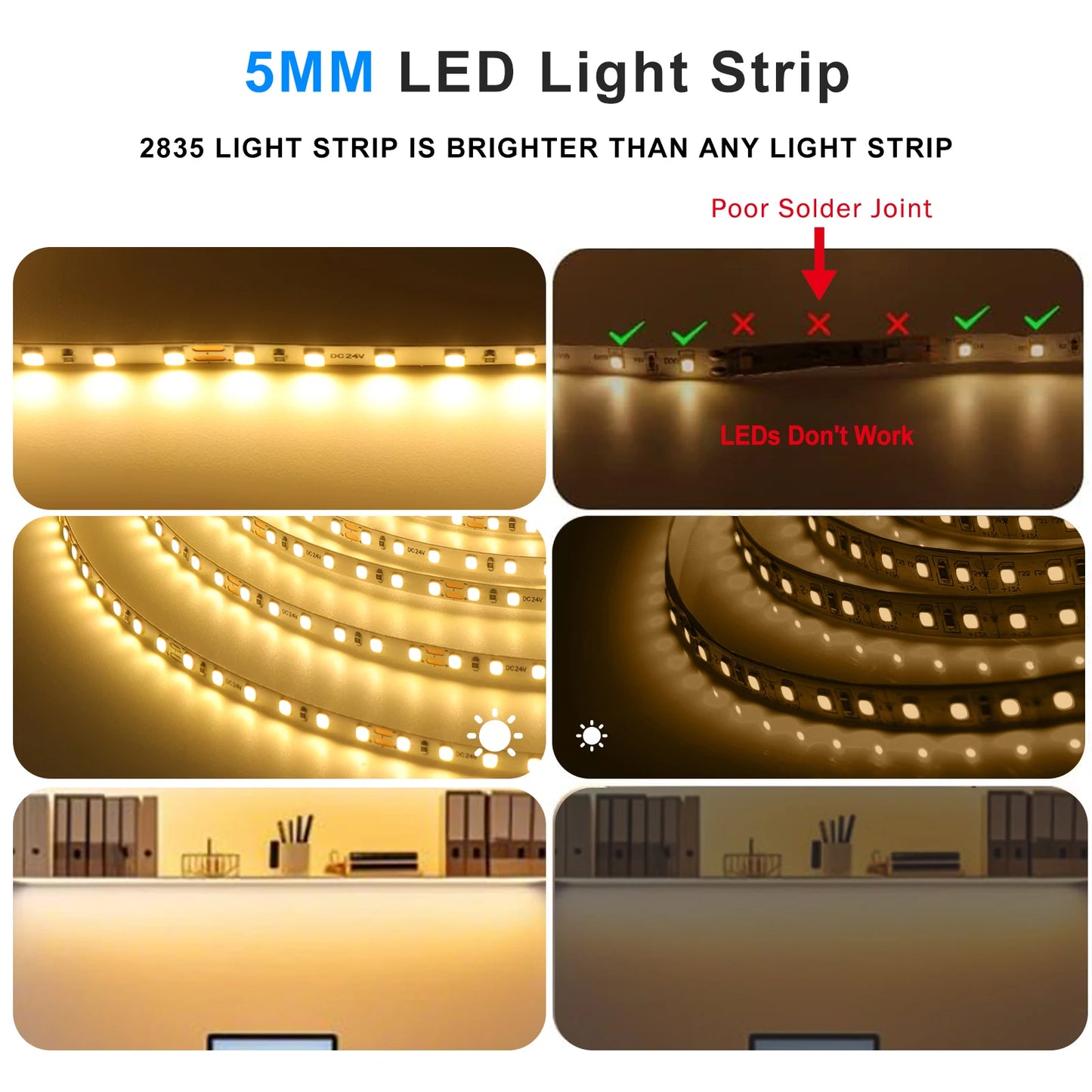 LED Strip 5mm 12V 24V 120LEDs/m Warm White Yellow Red Green Ice Blue Pink Purple Not Waterproof Flexible Tape for DIY Room Decor